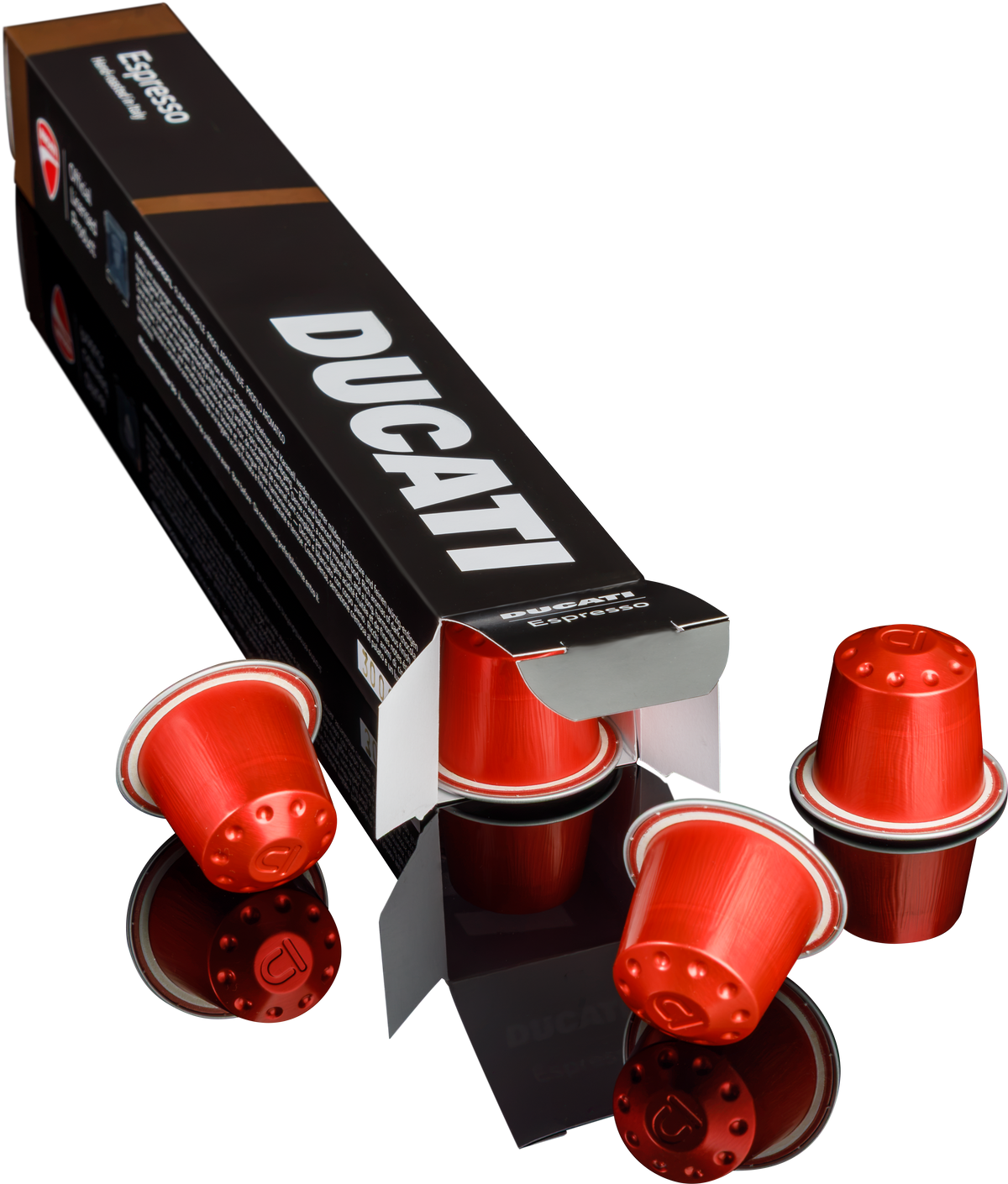 Öppen Espresso by Ducati-förpackning stående på högkant, röda kapslar som trillar ut i änden