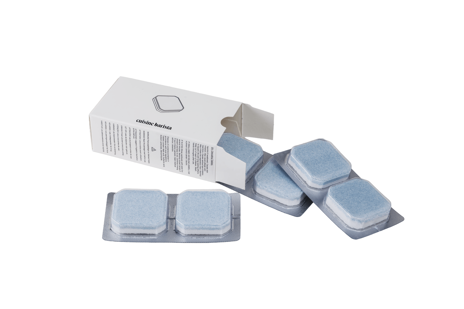 Blue Cuisine Barista descaling tablets in silver blister strips beside their opened white box