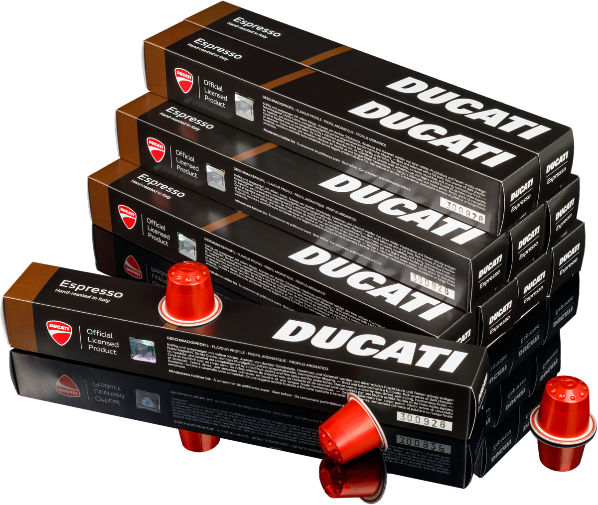 Stapel med Espresso by Ducati-förpackningar, förpackning med 100 kapslar för Nespresso® Original, med röda kapslar framför