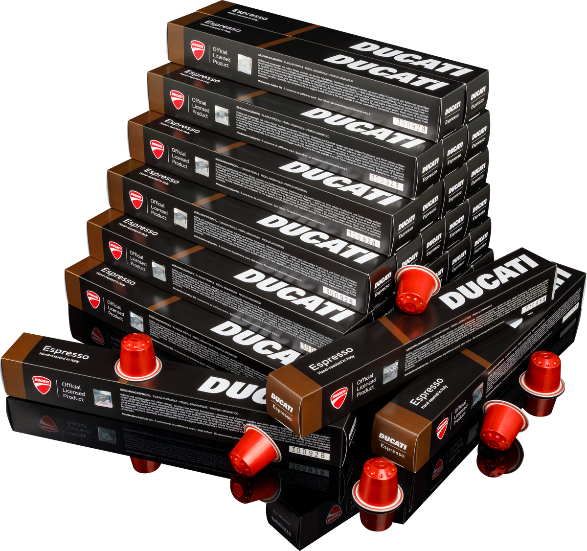 Stor stapel med Espresso by Ducati-förpackningar, förpackning med 300 kapslar för Nespresso® Original, med röda kapslar runt omkring