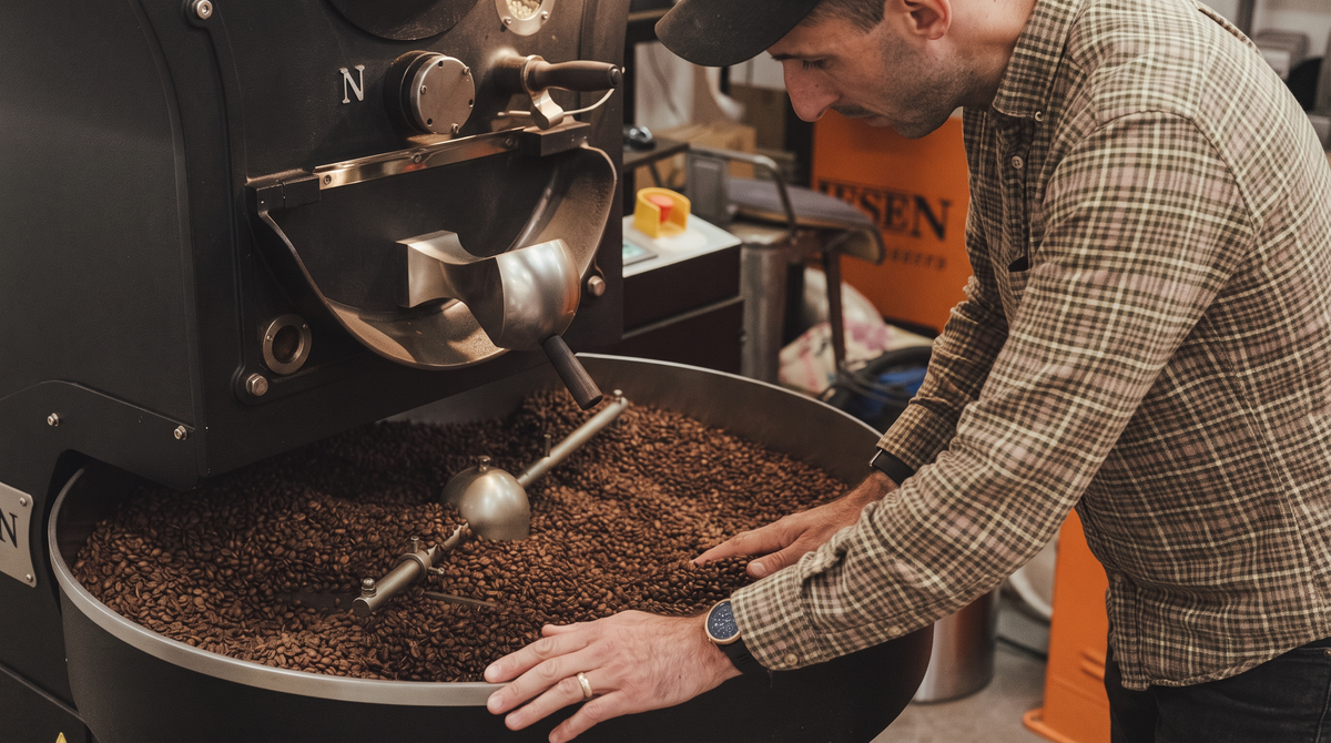 Röstmeister rührt frisch geröstete Kaffeebohnen im Kühlsieb eines Trommelrösters