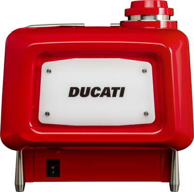 Rear of the red Barista M3 with the white Ducati plate, power switch and tank cap on top