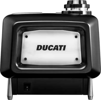 Rear view of the black Barista M3 showing the white Ducati plate and on/off rocker switch