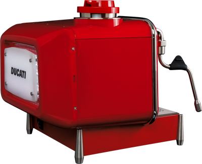 Red Barista M3 from the rear at an angle, side panel and steam wand in view