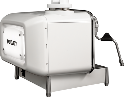 White Barista M3 seen from a rear three-quarter angle with the steam wand extended