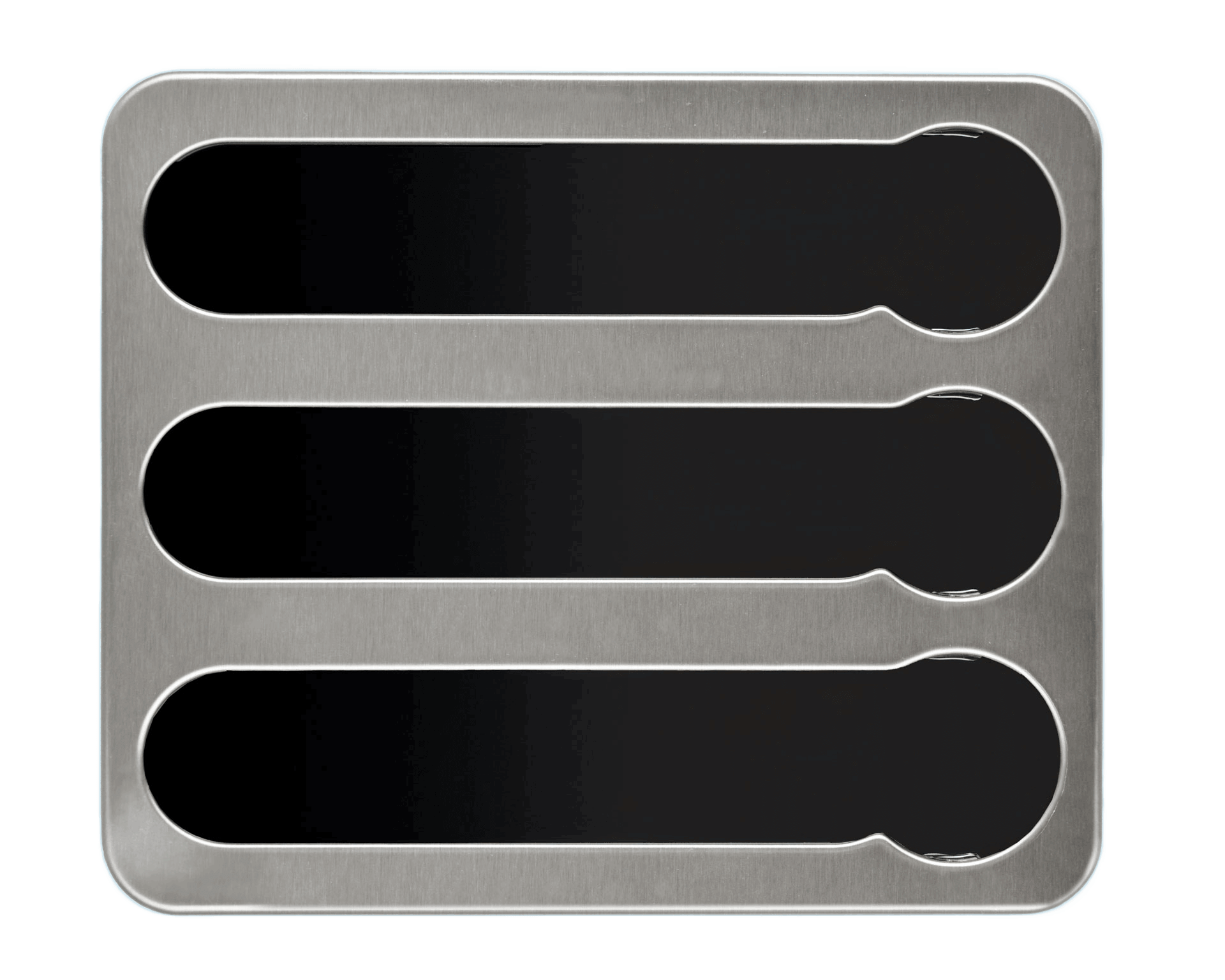 Empty silver capsule holder seen from above with three brushed steel channels