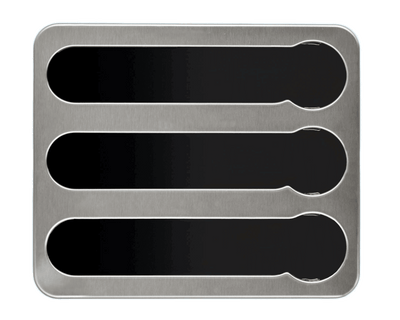 Empty silver capsule holder seen from above with three brushed steel channels