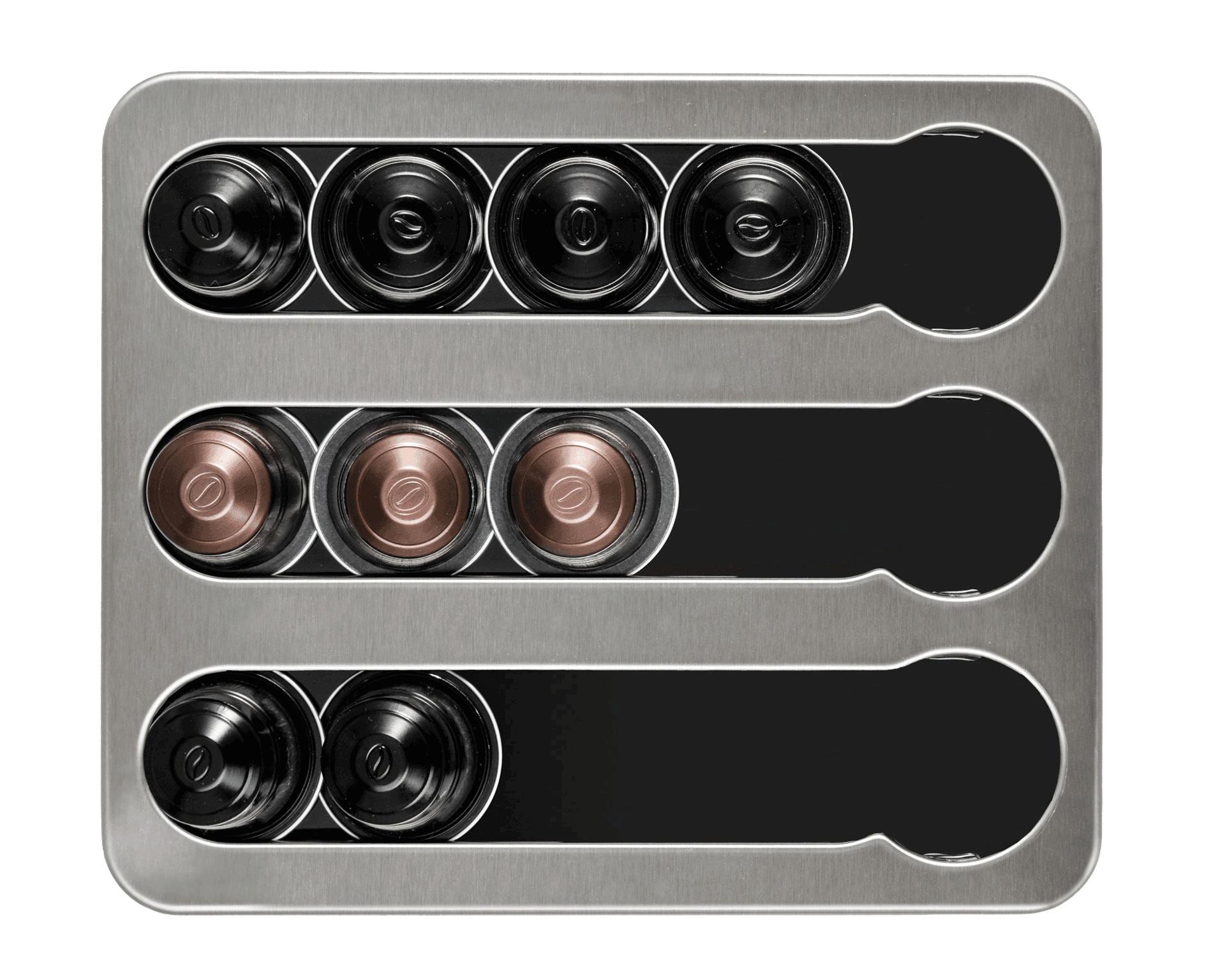 Capsule holder from above holding nine capsules in black and copper in its three channels