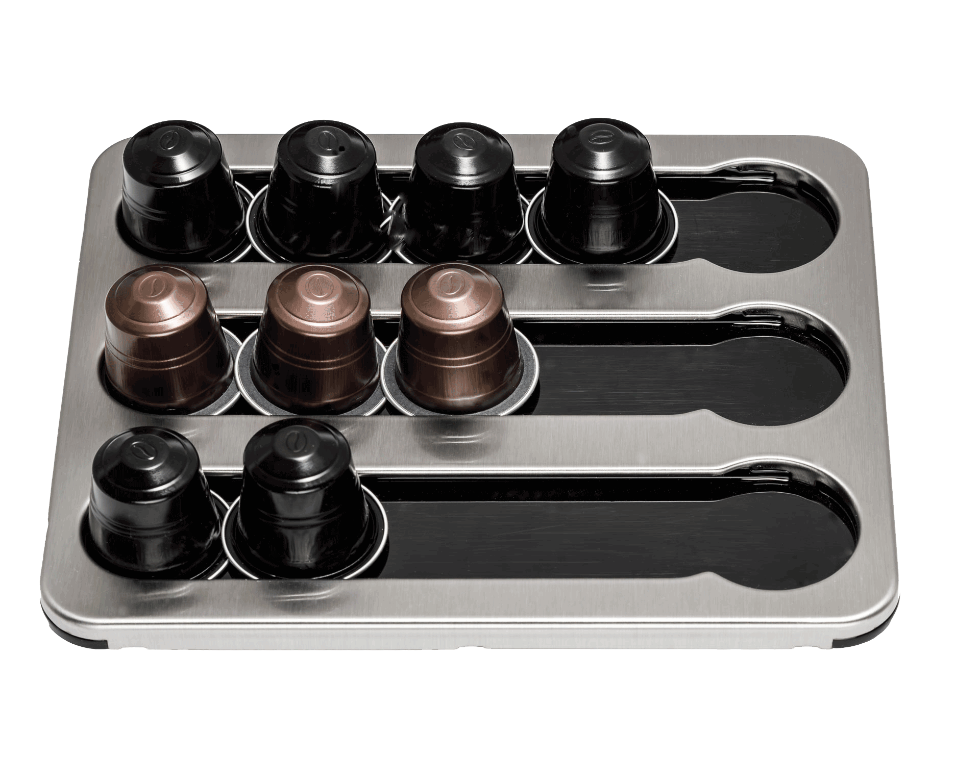 Silver capsule holder at an angle with nine black and copper capsules in its slots