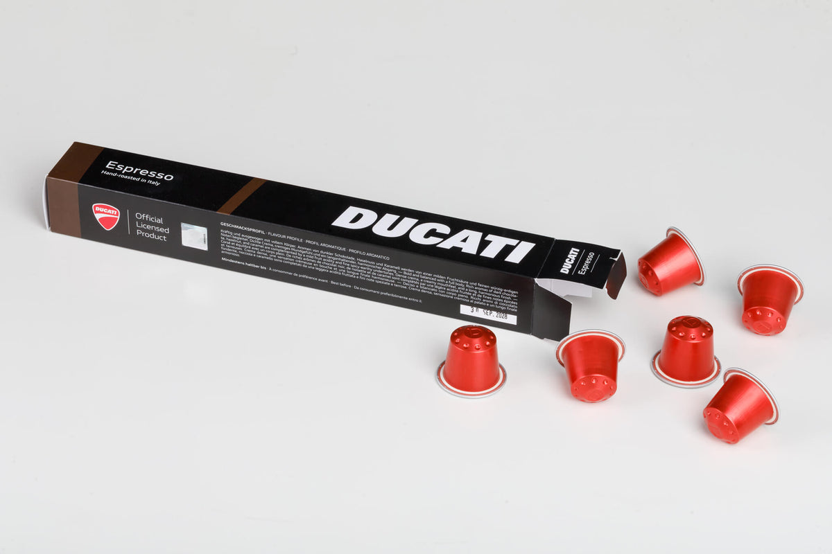 Caja de cápsulas Espresso by Ducati con cápsulas de café rojas compatibles con Nespresso® Original