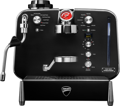 Barista M3 in black head-on with labelled control panel, pressure gauge and steam wand