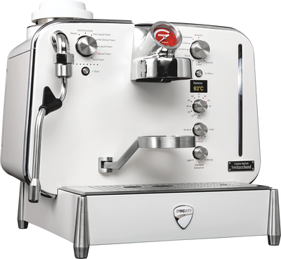 White Barista M3 in a three-quarter front view with capsule holder and drip tray