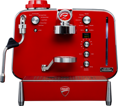 Red Barista M3 from the front with pressure gauge, temperature dial and Ducati shield on the tray