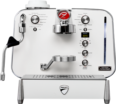 Barista M3 in white seen straight from the front with labelled control dials and steam wand