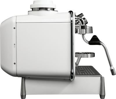 White Barista M3 in side profile with steam wand, cup rest and stainless drip tray