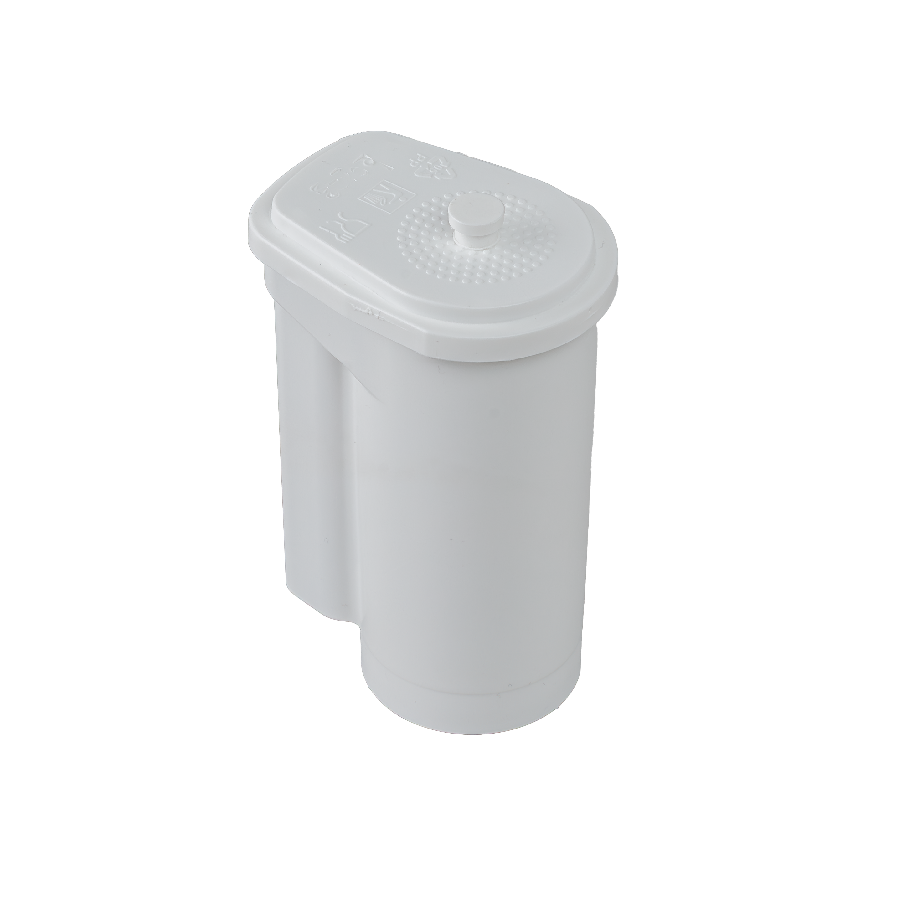 White replacement water filter cartridge standing upright, seen from the side