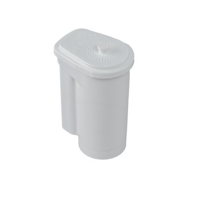 White replacement water filter cartridge standing upright, seen from the side