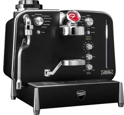 Barista M3 in black from a front three-quarter angle showing the labelled control panel