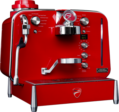 Red Barista M3 at a front three-quarter angle with pressure gauge and temperature display