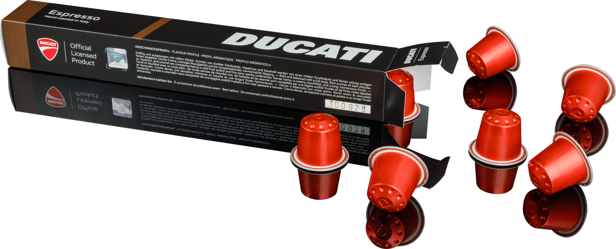 Espresso by Ducati förpackning med 6 röda kapslar för Nespresso® Original-maskiner, mot vit bakgrund