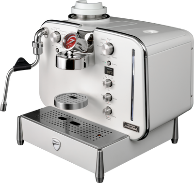 White Barista M3 seen from the upper right with its side panel and chrome trim