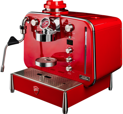 Red Barista M3 seen from above right showing side panel, control knobs and drip tray