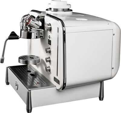 White Barista M3 angled to the right, chrome brew head and perforated drip tray in view