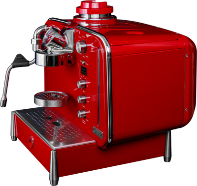 Red Barista M3 at a low right angle, body extending back to the water tank housing